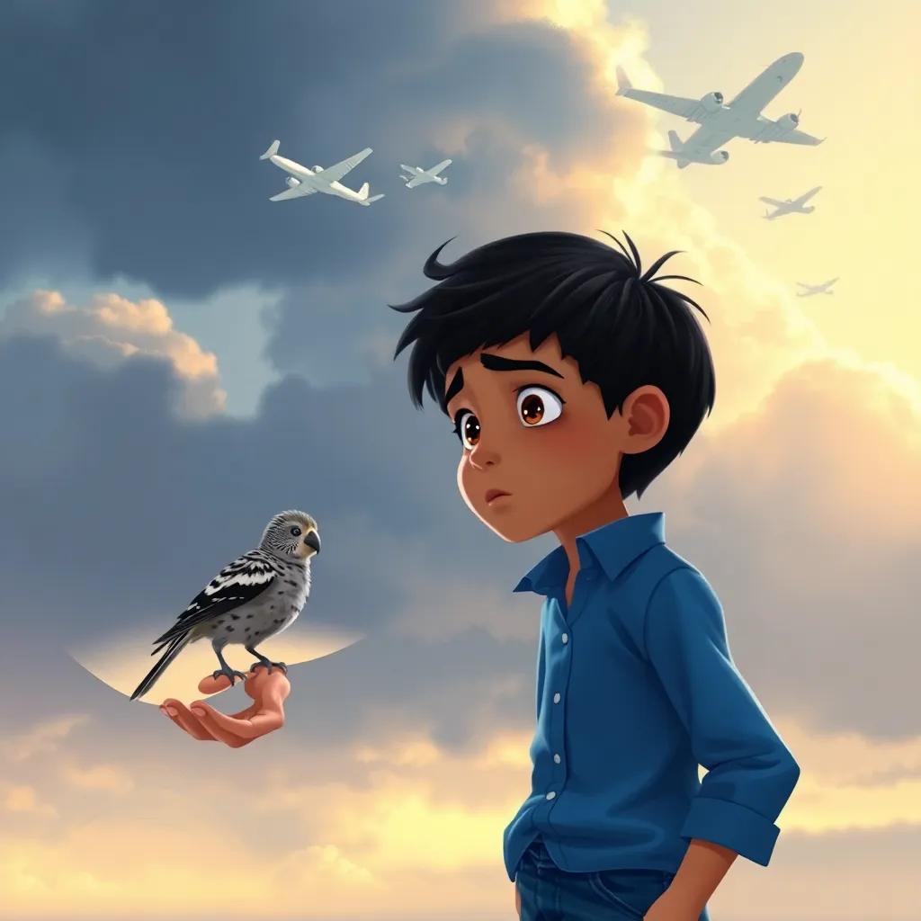 A young Arab boy, Sami, with short black hair, wearing a blue shirt and jeans, looking worried as he sees dark clouds and flying planes in the sky, with the zebra finch Zain perched on his hand, emotional scene, contrasting colors, storytelling view, digital painting