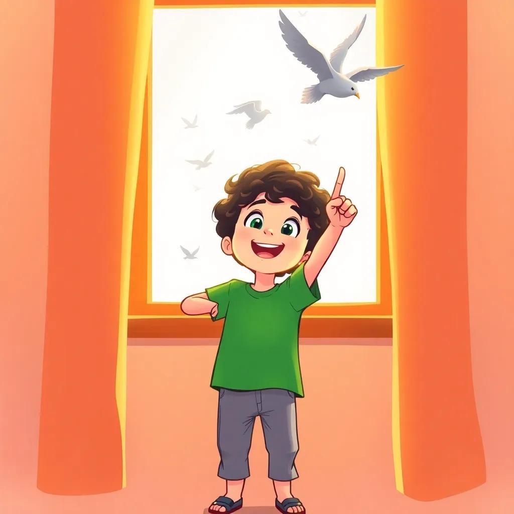 A young boy, Ali, with curly black hair wearing a green t-shirt, pointing excitedly to the sky as birds fly outside the window, warm light, vibrant colors, cheerful atmosphere, illustration, joyful energy