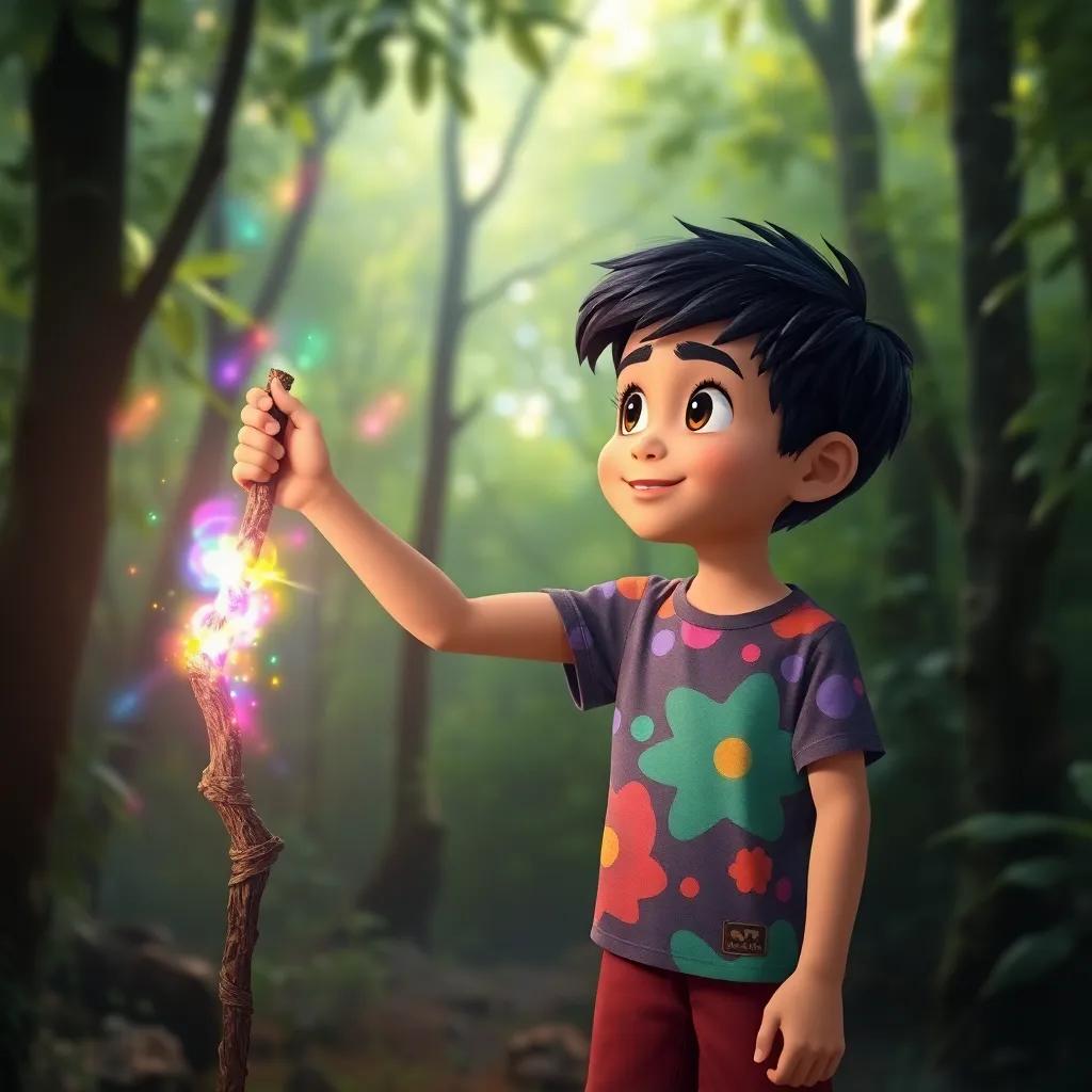 A young Arab boy, Sami, with short black hair wearing a colorful t-shirt and shorts, discovering a magical stick glowing with beautiful colors in a lush green forest, digital art, vibrant colors, enchanting atmosphere, high quality