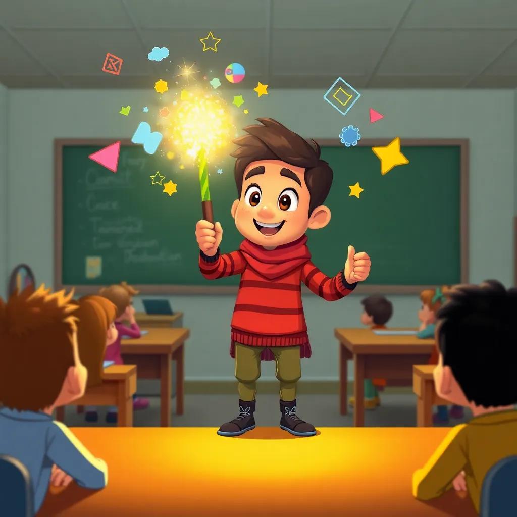 A magical stick in Sami's hand, glowing brightly, with various shapes and colors appearing around him in a classroom with students, illustration, cheerful, educational, child-friendly