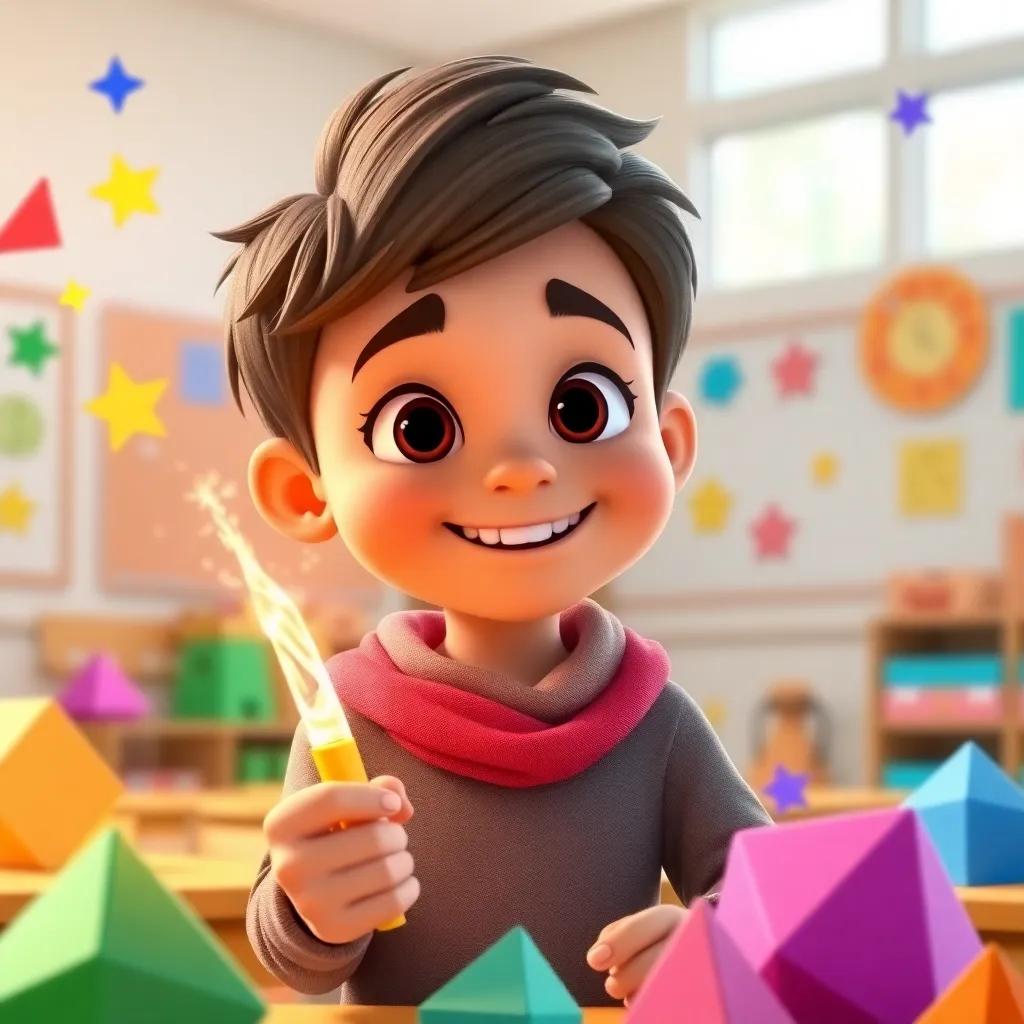 Sami holding the magical stick, surrounded by colorful shapes, solving a math problem with a big smile, in a light-filled classroom, joyful, engaging, child-friendly