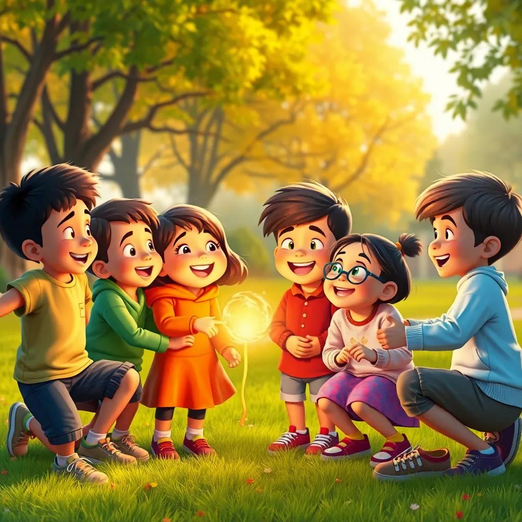 A group of diverse young children playing in a park, laughing and listening to Sami with the glowing magical stick, showing cooperation and friendship, vibrant, warm colors, uplifting atmosphere