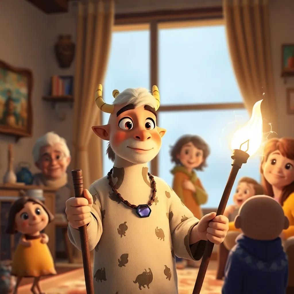 Sami at home, looking proud with the magical stick by his side, surrounded by family, conveying wisdom and happiness, cozy, warm light, heartwarming scene