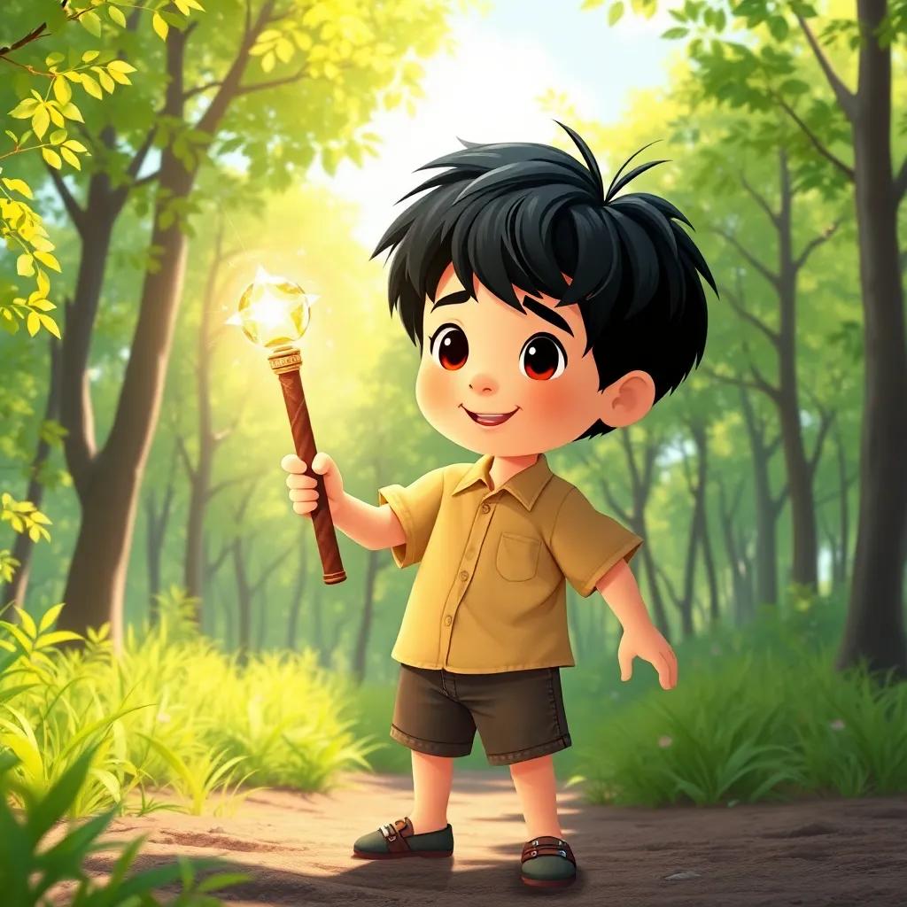 A brave young boy, مصطفى, with black hair wearing a simple shirt and shorts, discovering a shiny magic stick in a sunny forest with green trees, digital art, bright colors, cheerful atmosphere, high quality