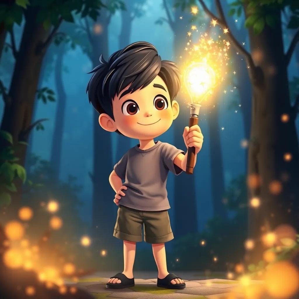 مصطفى, a brave young boy with black hair in a simple shirt and shorts, holding a magic stick that shines brightly, surrounded by sparkles and light in the forest, illustration, colorful, magical theme, child-friendly