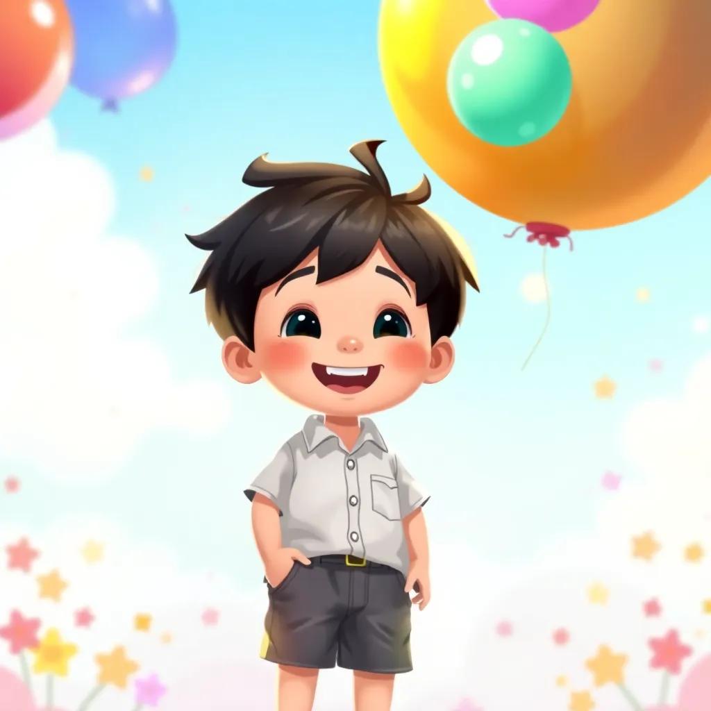 A vibrant scene of مصطفى, a young boy with black hair in a simple shirt and shorts, wishing for a colorful balloon that appears beside him, filled with joy and excitement, digital painting, cheerful, whimsical, bright