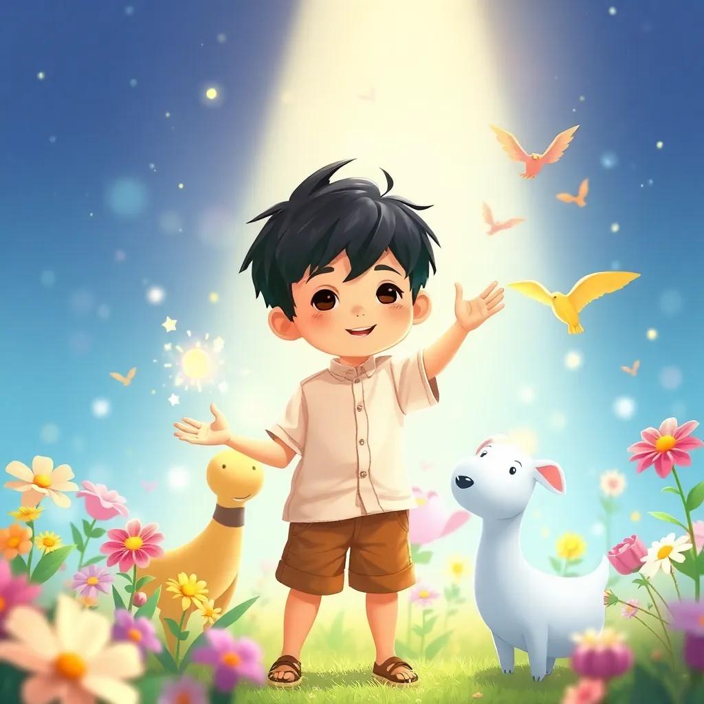 مصطفى, a young boy with black hair in a simple shirt and shorts, helping his friends with magical kindness, surrounded by flowers and animals, shining brightly, uplifting imagery, heartwarming, colorful