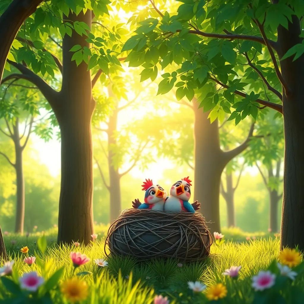 A vibrant spring forest with lush green trees, two excited birds peeking from their small nest, bright sunlight filtering through the leaves, digital art, colorful, warm light, child-friendly, cheerful scene