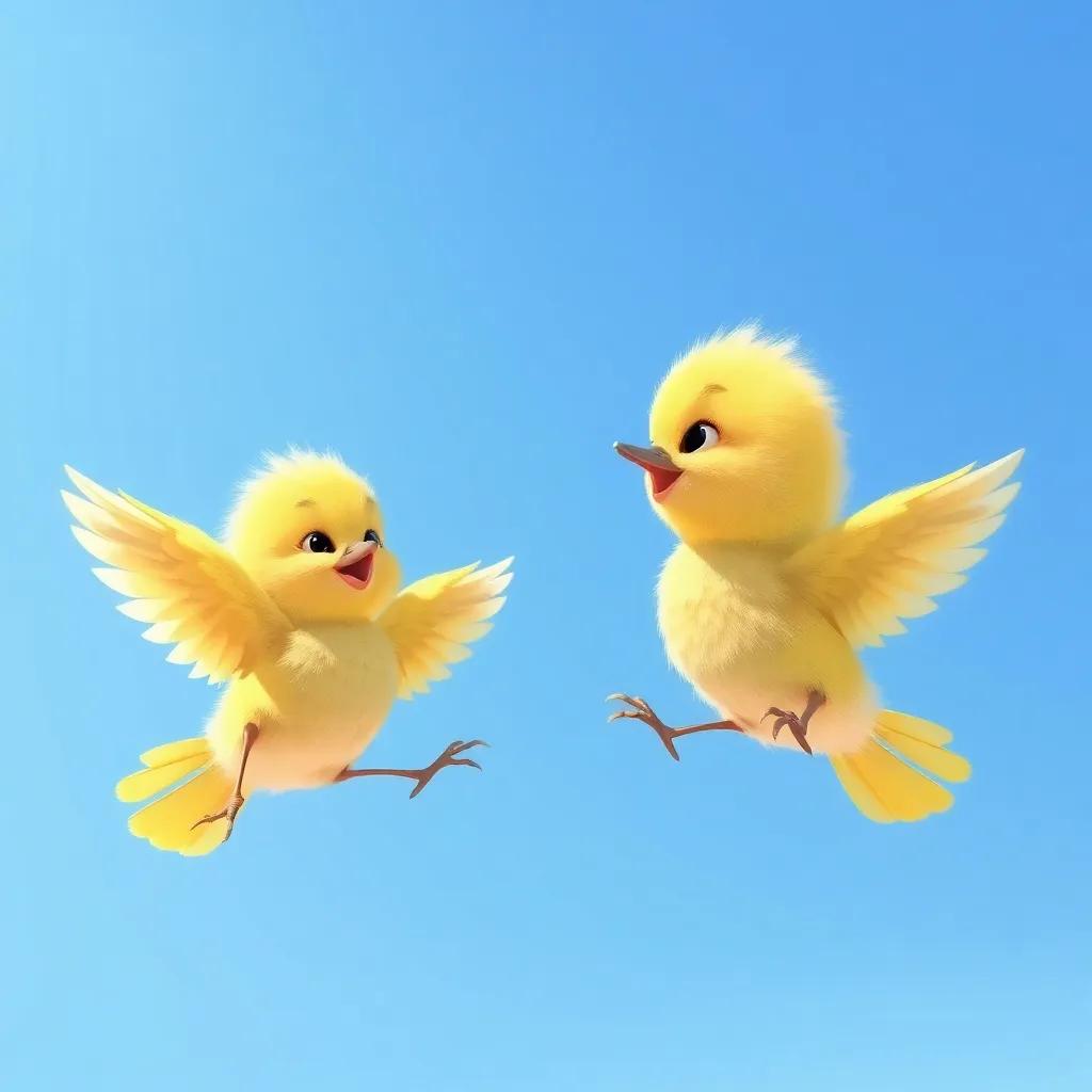 Two small birds, newly hatched, with fluffy yellow feathers, stretching their wings in a clear blue sky, a clear sunny day, joyful atmosphere, illustration, high quality, colorful