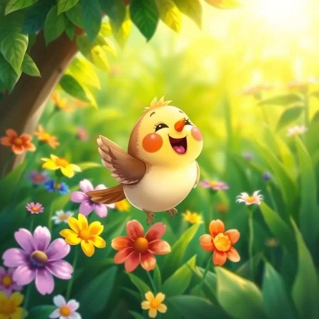 A small bird singing joyfully in a lush green garden, colorful flowers around her, sunlight shining through the leaves, cheerful atmosphere, vibrant colors, happy scene, digital art, high quality