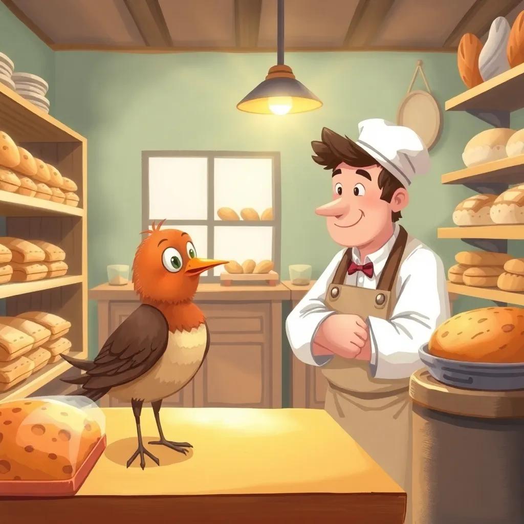 A curious bird talking to a friendly baker in a cozy bakery, shelves filled with bread and pastries, warm lighting, inviting atmosphere, detailed interior, heartwarming scene, illustration, playful
