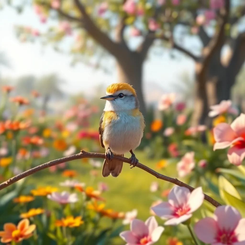 A little bird, a small bird, with bright feathers, sitting on a branch in a beautiful garden in Oman, surrounded by colorful flowers and trees, digital art, serene atmosphere, soft colors, heartwarming scene, high quality