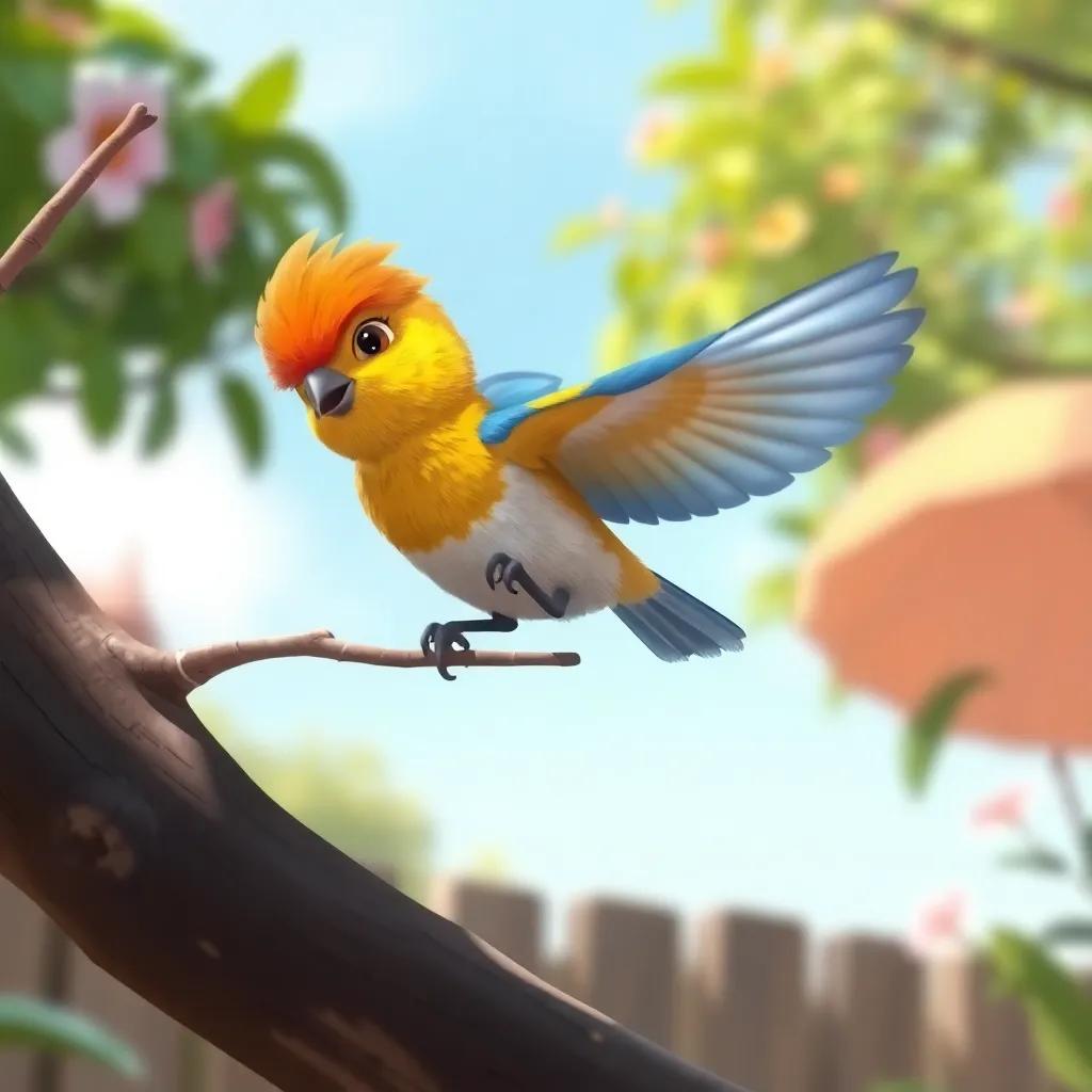 A small bird, with bright feathers, attempting to fly off a branch, flapping its tiny wings with determination, sunny garden background, cheerful mood, vibrant colors, animated style, engaging scene, high quality