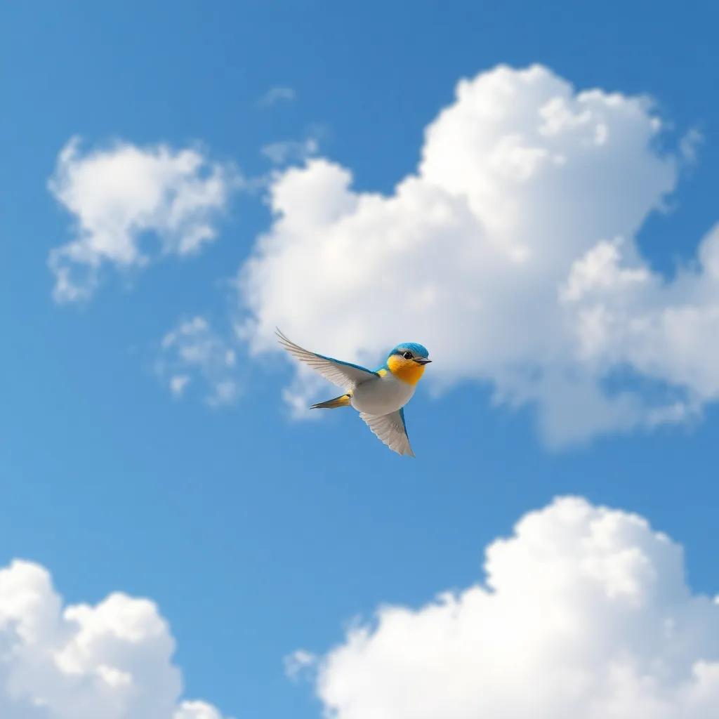 A small beautiful blue and golden bird, Zareez, soaring in a bright blue sky with white fluffy clouds, digital art, bright colors, cheerful atmosphere, high quality