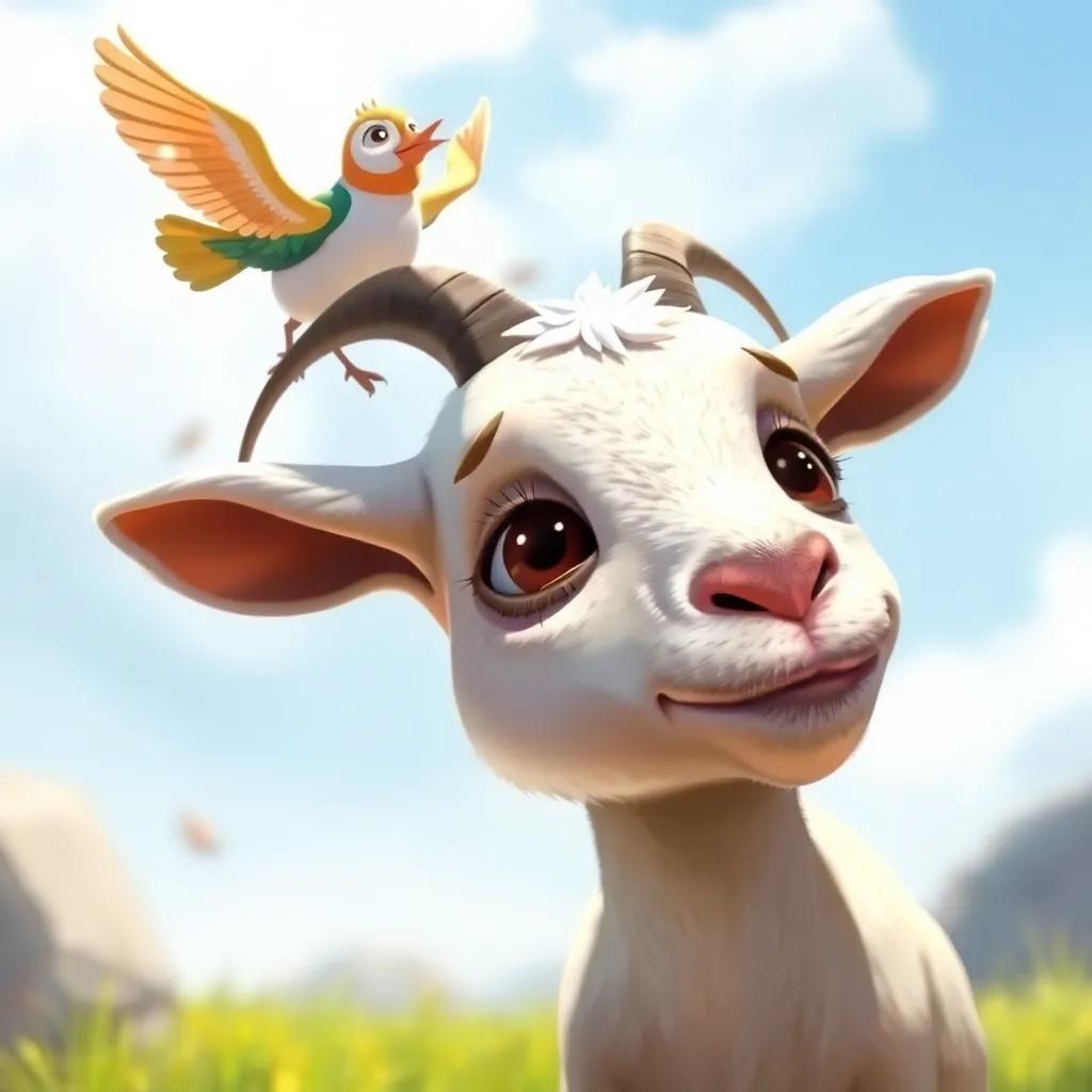 A sick little goat with sad eyes, Zareez the bird flying above with fresh carrots in his beak, sunny day, digital painting, heartwarming, lively colors