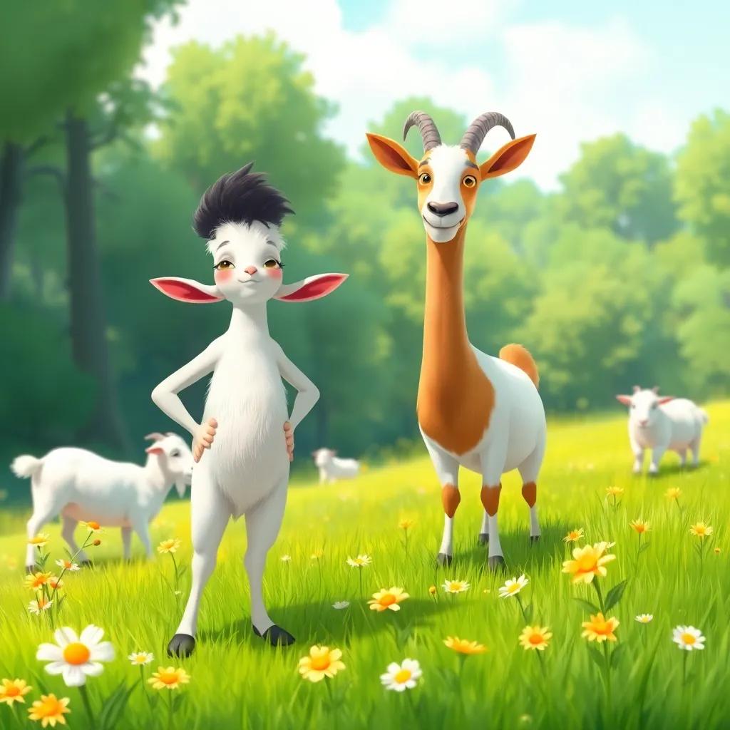 Zareez standing proudly next to the healthy goat in a lush green meadow, thriving flowers around, goats happily grazing, illustration, bright colors, uplifting scene