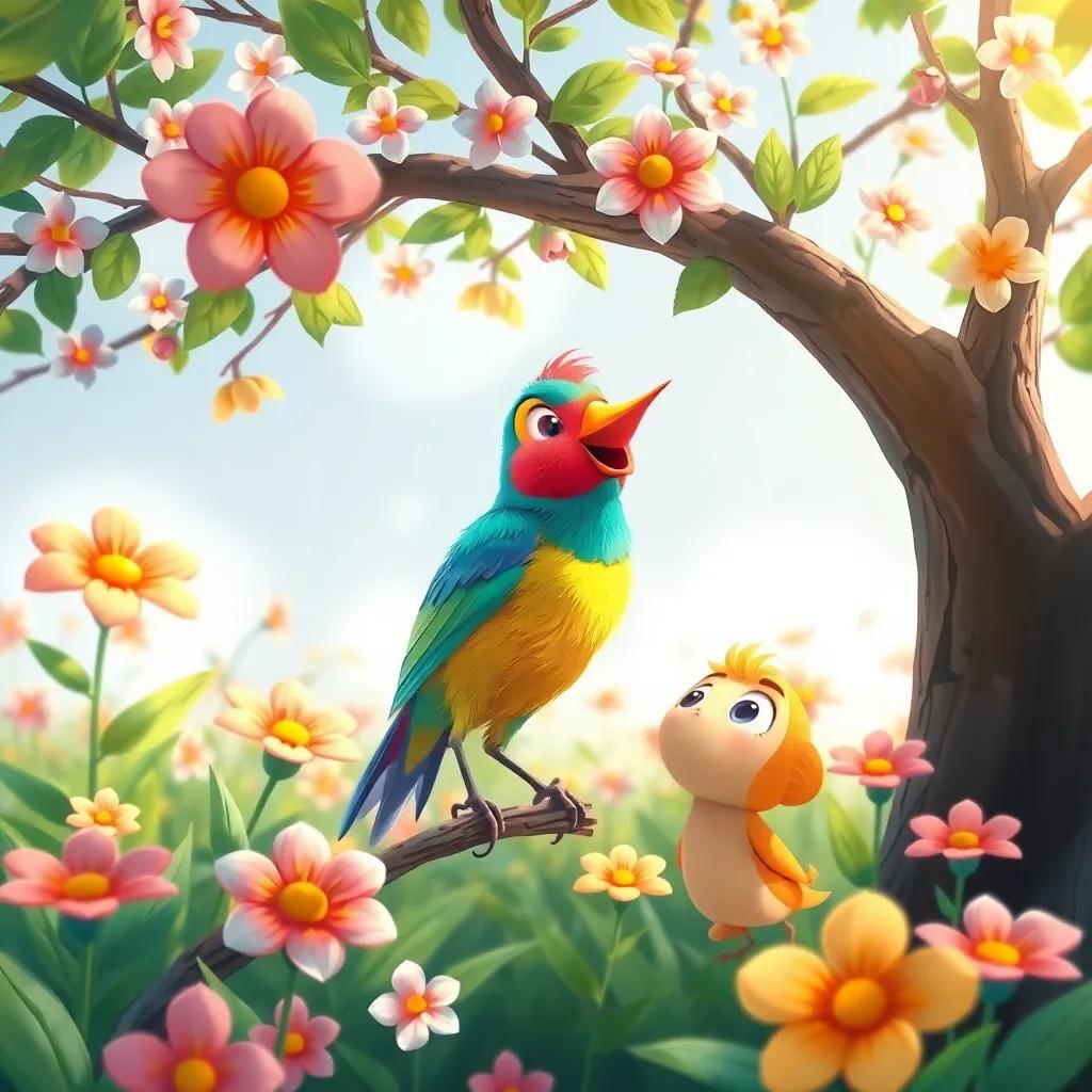 A colorful bird singing a sweet song under a tree with bright flowers surrounding, Zareez listening with amazed eyes, illustration, cheerful, heartwarming