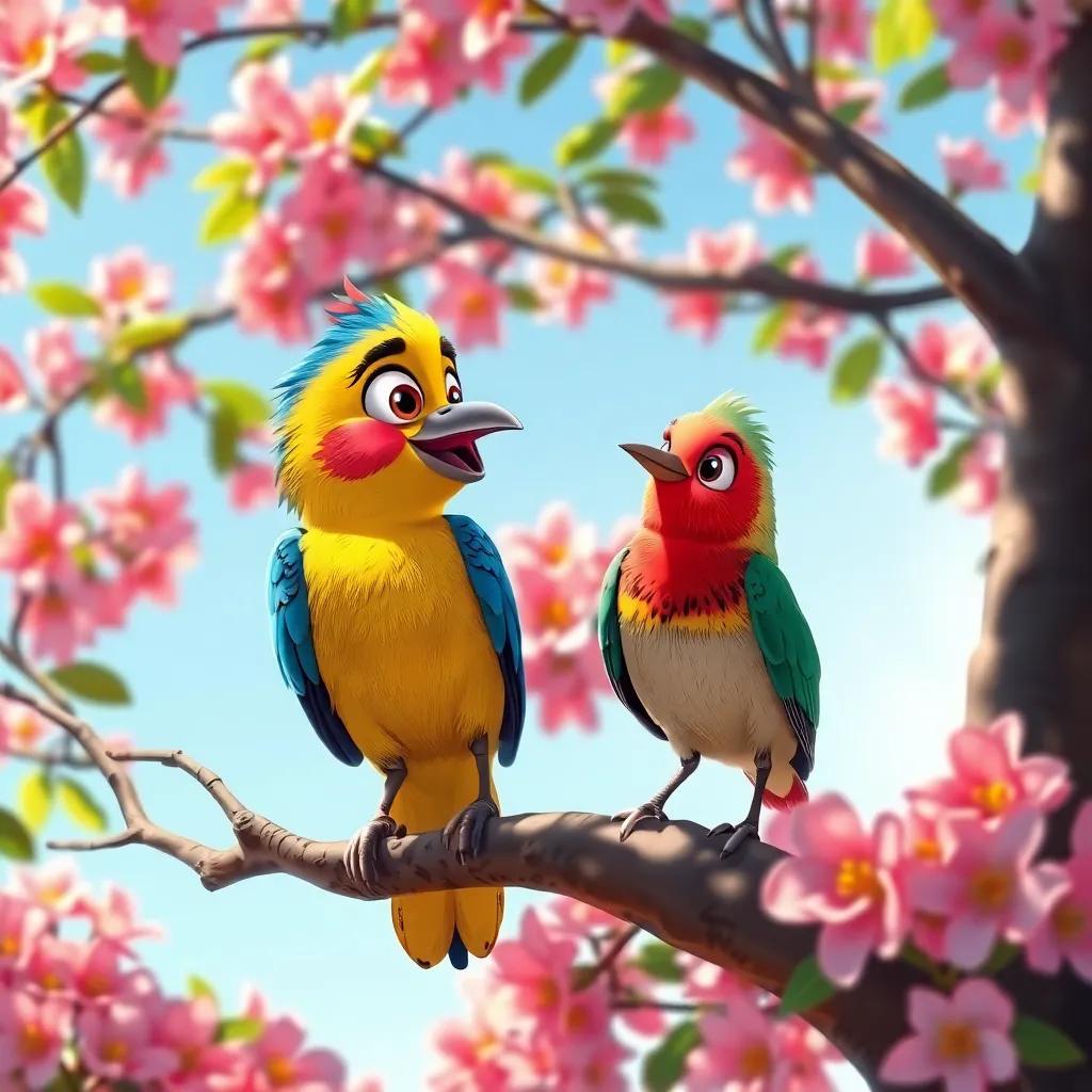 Zareez talking to another friendly bird, both perched on a tree branch surrounded by colorful blossoms, sunny day, digital painting, vibrant colors, engaging scene