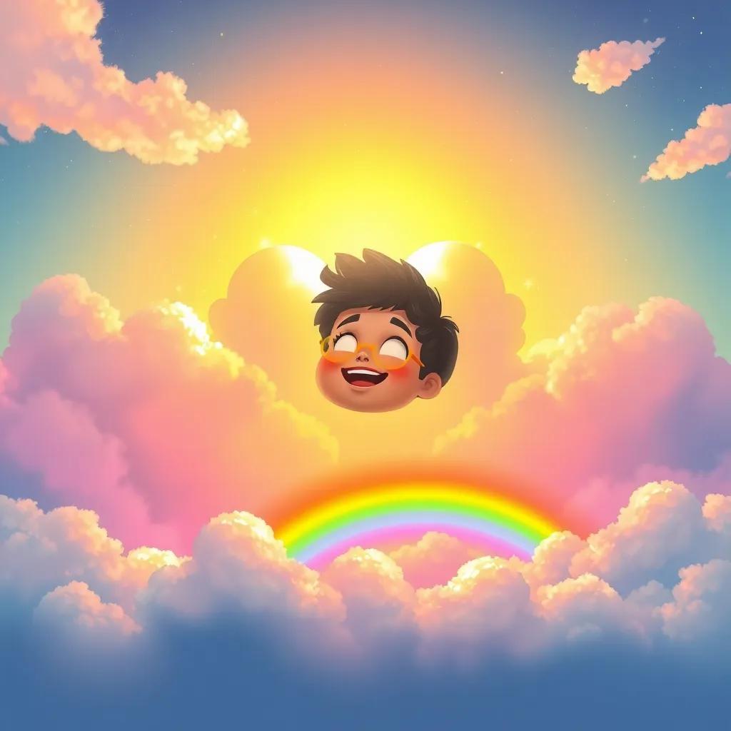 A golden shimmering sky with clouds, Zareez surrounded by colorful rainbow, feeling happy and fulfilled, illustration, magical scene, bright colors, dream-like
