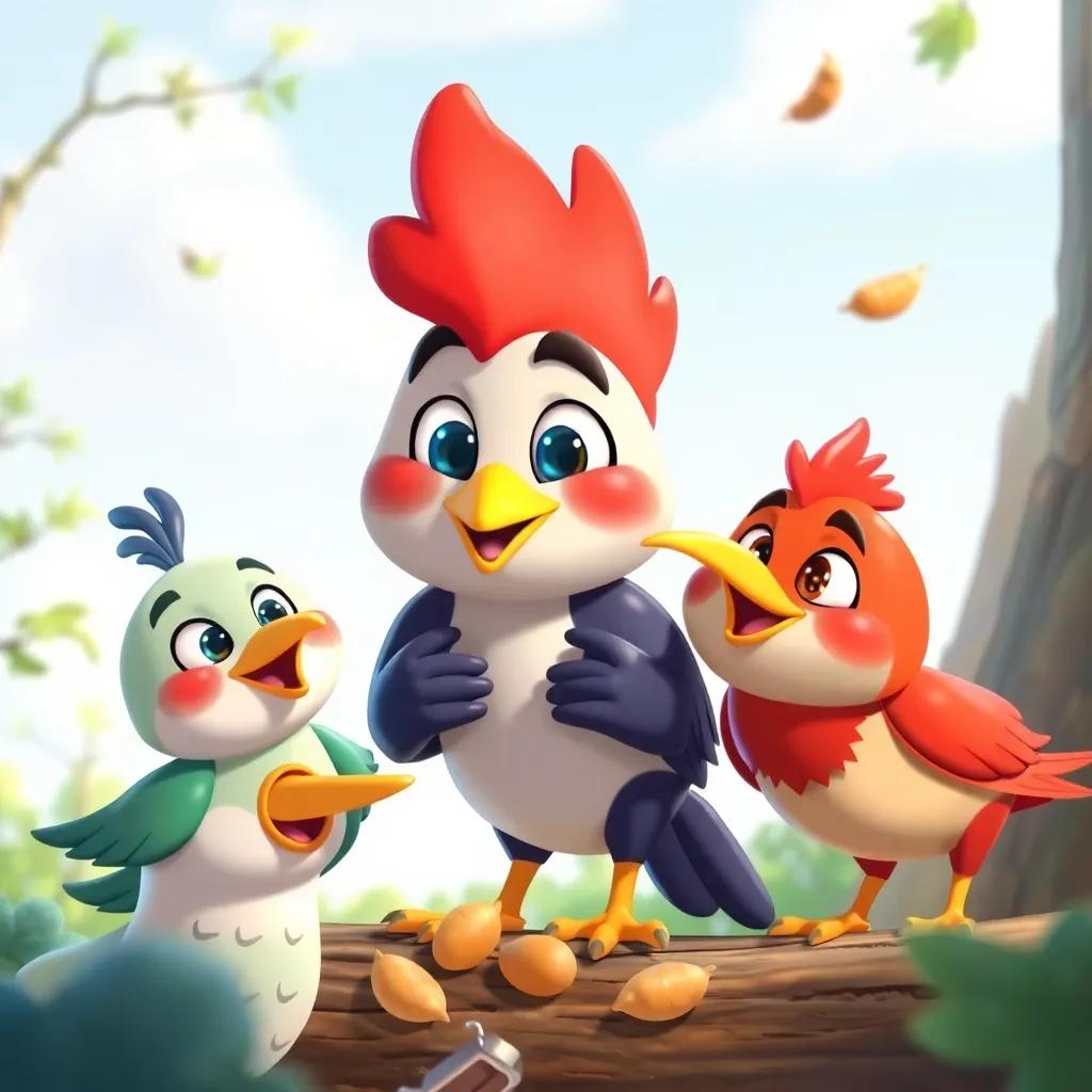 Zareez helping other birds to find food with happy expressions, cartoonish style, cheerful atmosphere, animated and colorful, child-friendly