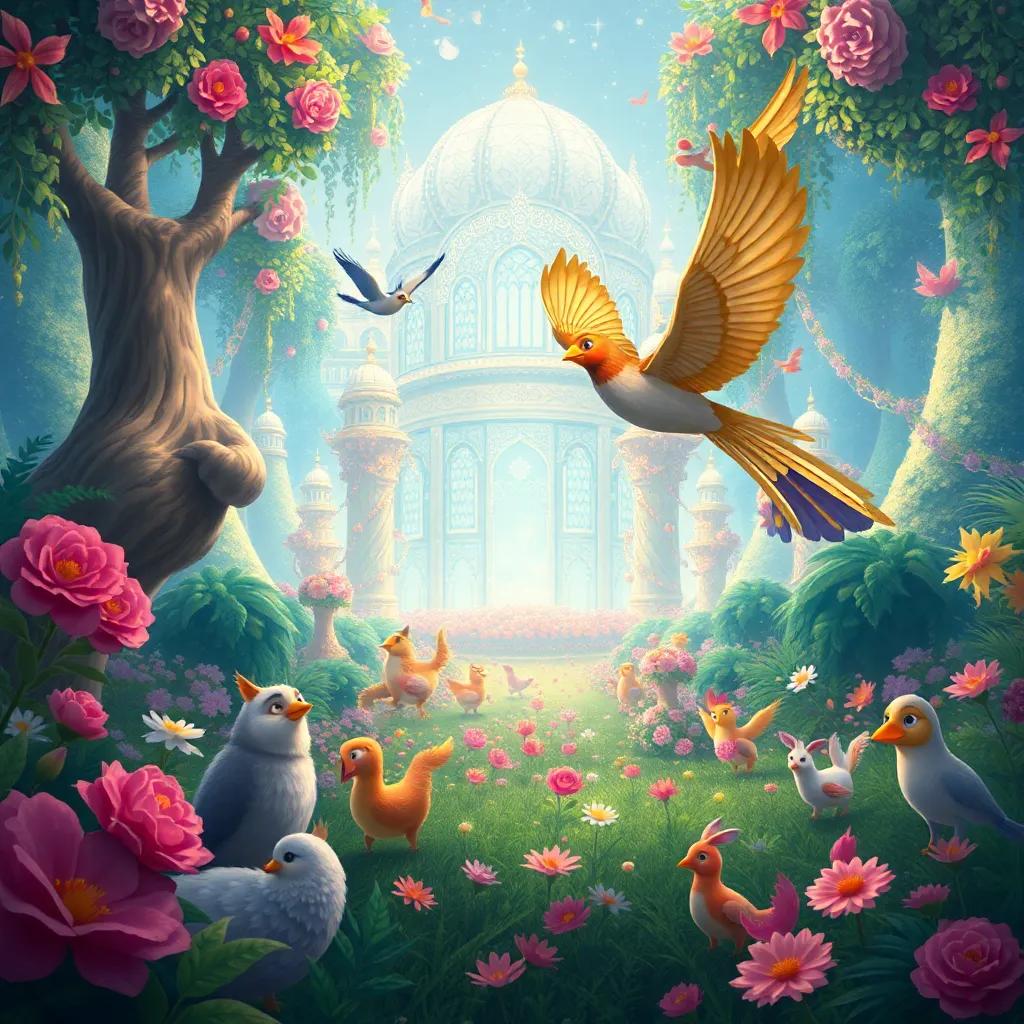Zareez flying towards a magnificent garden filled with sparkling details, where animals and birds celebrate together, illustration, enchanting, uplifting colors