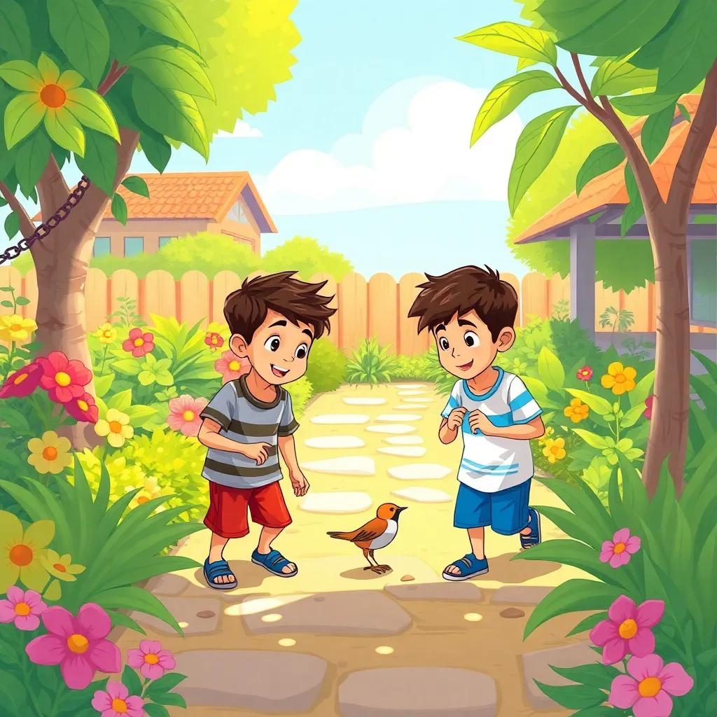 In a beautiful garden, two boys, Ameen and Sadiq, are playing while noticing a little bird searching for food, sunny day, vibrant colors, cheerful atmosphere, digital art, bright and inviting
