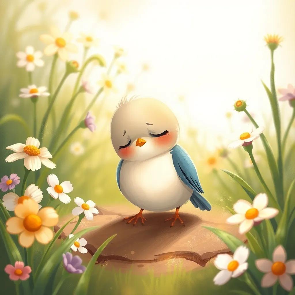 A small bird looking sad and restless in the garden, surrounded by flowers and grass, feeling lonely, illustration, soft colors, warm light, charming depiction