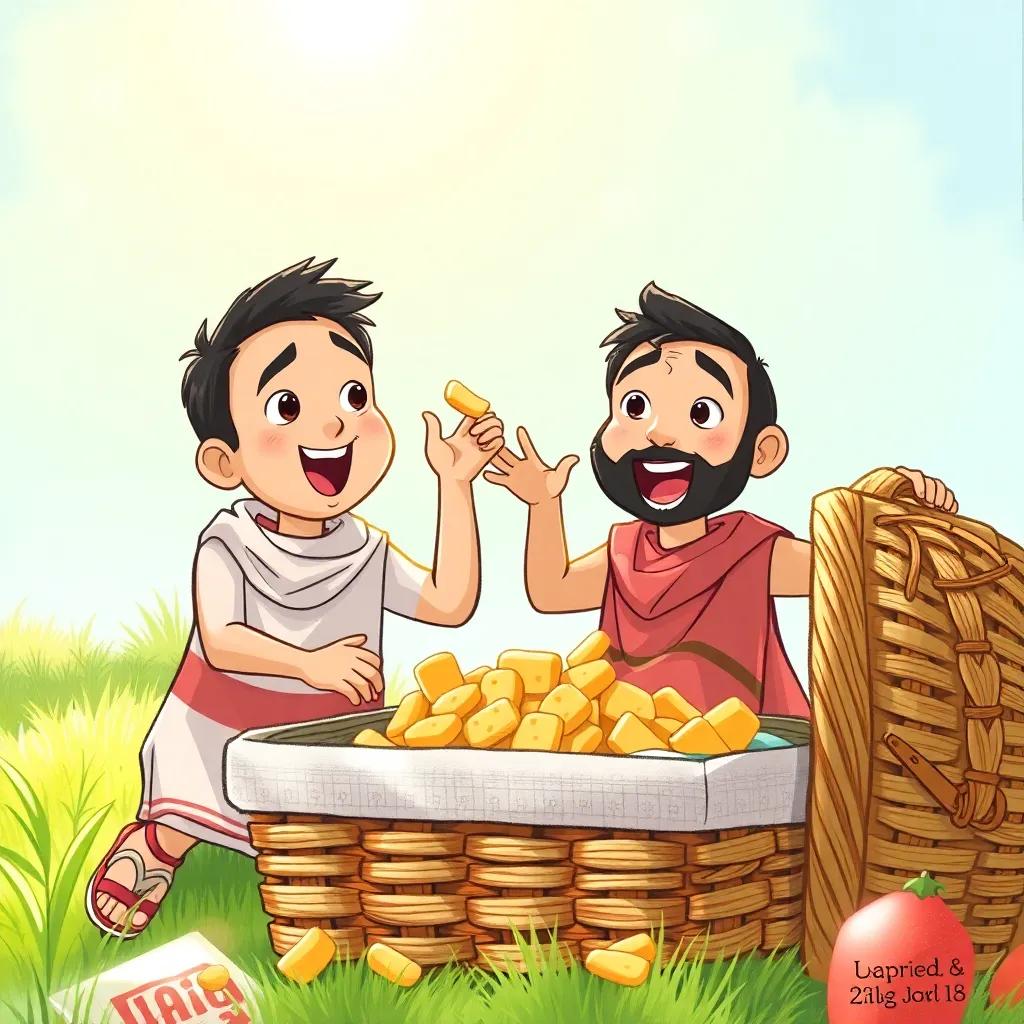 Ameen and Sadiq excitedly gathering bread crumbs from a picnic basket, bright sunlight shining down, expressions of eagerness and teamwork on their faces, detailed, colorful imagery