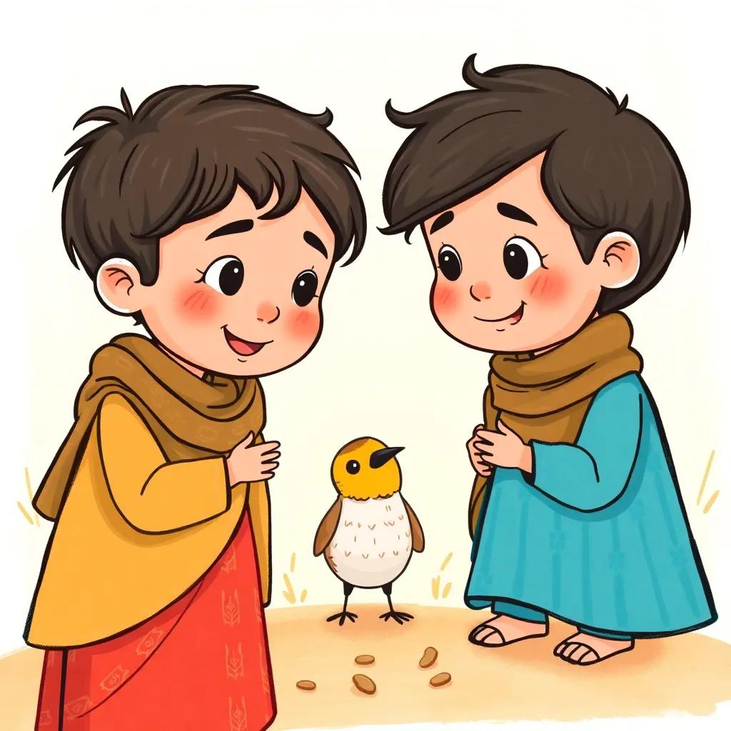 Ameen and Sadiq approaching the little bird with bread crumbs, the bird looking curiously at them, harmony and friendship filling the scene, heartwarming, sunny background, child-friendly
