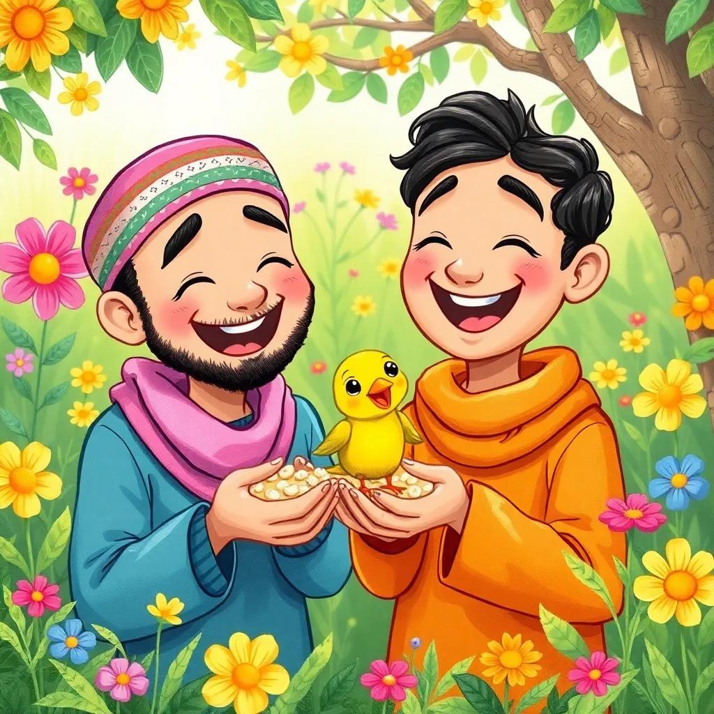 The little bird joyfully eating the crumbs from Ameen and Sadiq's hands, their smiles wide, surrounded by a delightful garden filled with laughter, whimsical illustration, inviting colors, lively atmosphere