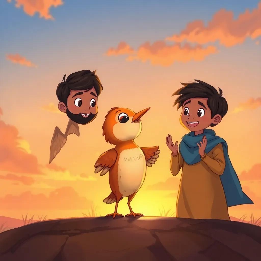 The little bird prepared to take flight, Ameen and Sadiq cheering it on, hopeful expressions on their faces, warm sunset colors, encouraging scene, detailed art