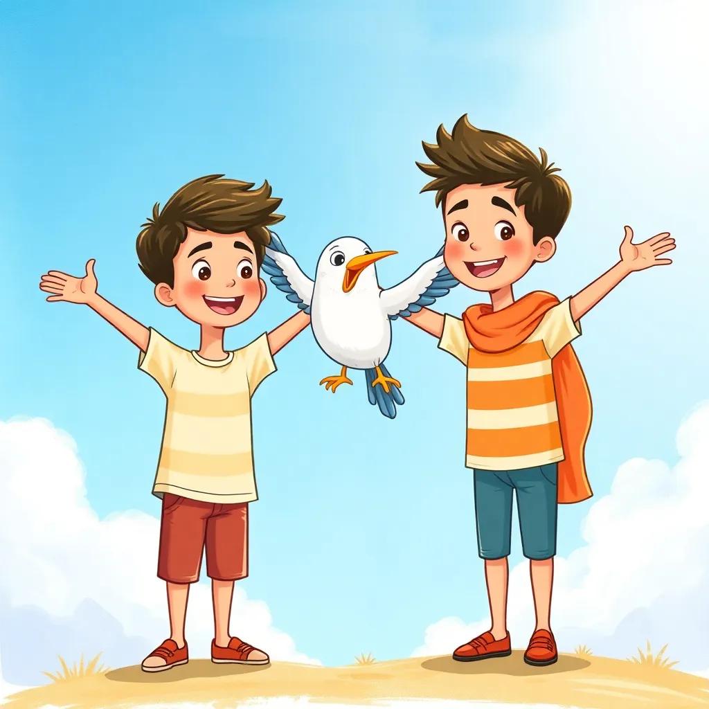 Ameen and Sadiq mimicking wings with their arms, ready to fly alongside the bird, joyful imagination, bright sky, lively and fun illustration, colorful
