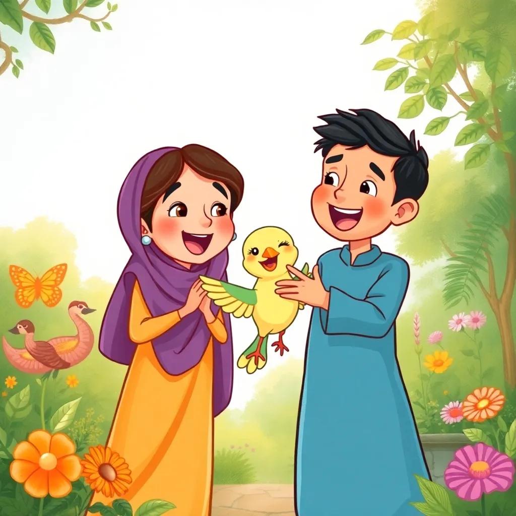 The little bird landing safely beside Ameen and Sadiq after its flight, expressions of excitement and victory, filled with joy, charming garden view, rich colors