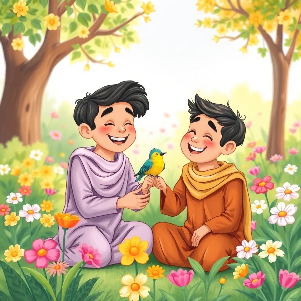 Ameen and Sadiq laughing and talking with the little bird in the garden, sharing moments of friendship, beautiful background of flowers and trees, cheerful illustration, warm and inviting
