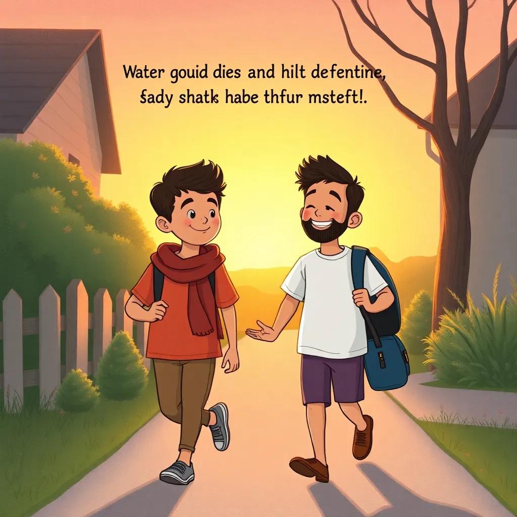 Ameen and Sadiq walking home happily after their adventure, chatting about their next plans with big smiles, sun setting in the background, heartfelt scene, pleasant hues
