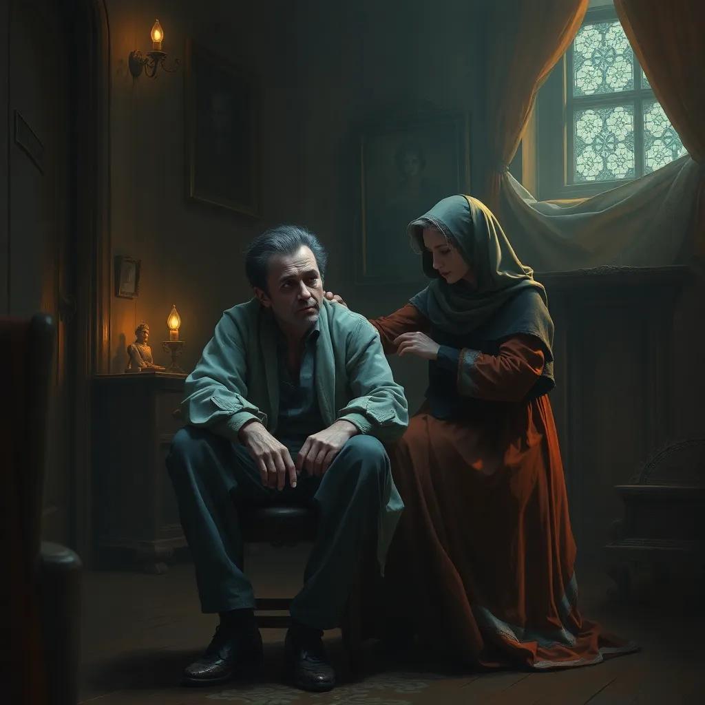 A sad man, عصفور, with worn-out clothes, sitting on a small stool in a dimly lit room with his wife, جرادة, comforting him, digital art, warm light, cozy room, emotional atmosphere, detailed