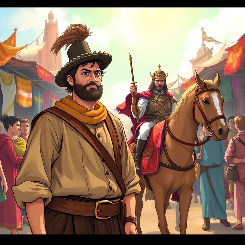 A proud man, عصفور, with worn-out clothes, standing in front of a startled prince on a horse, holding a leather saddle, under bright sunlight in a busy marketplace, illustration, vibrant colors, lively environment, storytelling view
