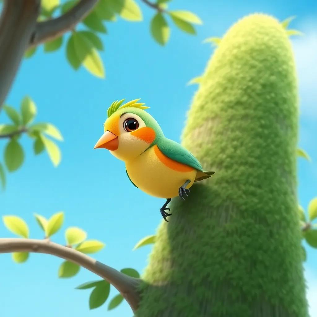 A small bird named Toto, a cute and colorful bird perched on a big green tree, with bright blue sky in the background, cheerful, light atmosphere, child-friendly, digital art