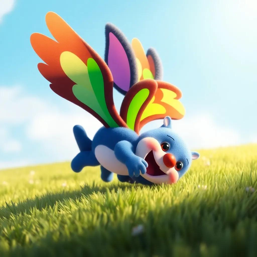 Toto attempts to fly, flapping his colorful wings, tumbling gently onto a soft patch of grass, sunny day, warm colors, playful perspective, uplifting art