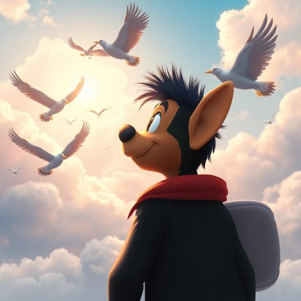 Toto watches beautiful big birds soaring in the sky, with clouds around them, admiring and curious expression, vibrant scene, inspirational artwork
