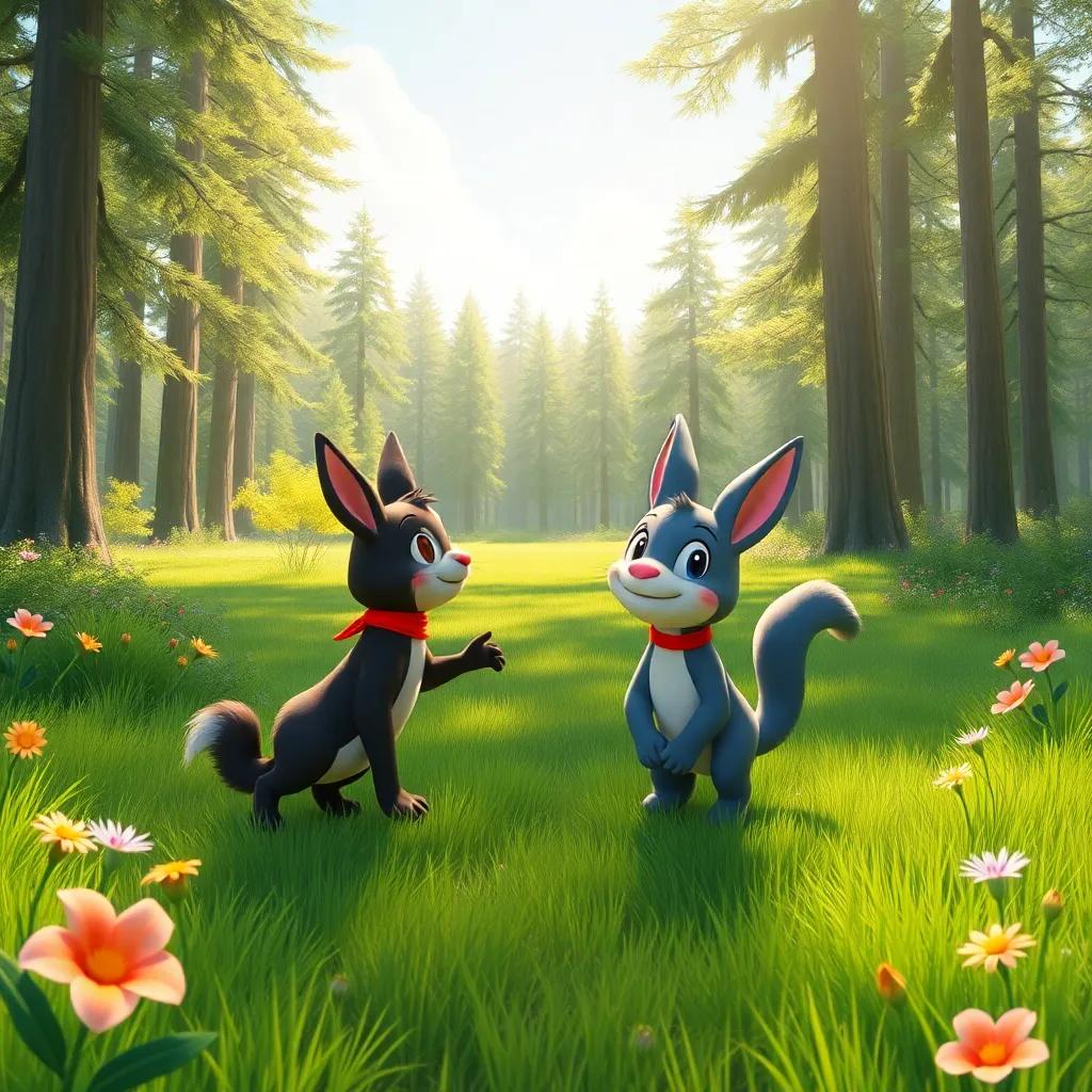 Tota takes Toto to a wide clearing in the forest, with soft grass and colorful flowers, encouraging scene, bright afternoon sun, friendly energy