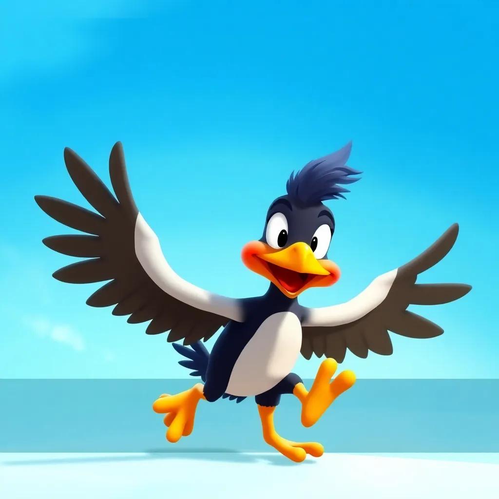 Toto attempting to move and then flapping his wings, looking determined, surrounded by the vast blue sky, cheerful colors, motivating scene, child-friendly