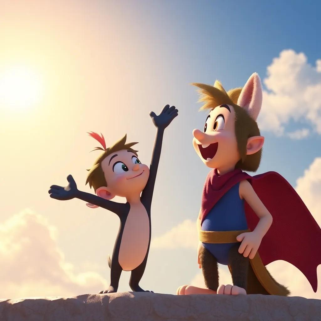 Tota encouraging Toto not to give up, showing him how to fly, with an excited expression under the bright sunny sky, inspiring atmosphere, warm colors