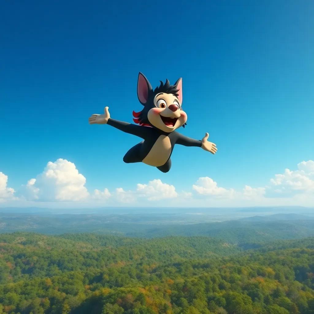 Toto finally flying high in the sky, feeling free and happy, viewing the vast forest below, joyful event, bright colors, uplifting imagery