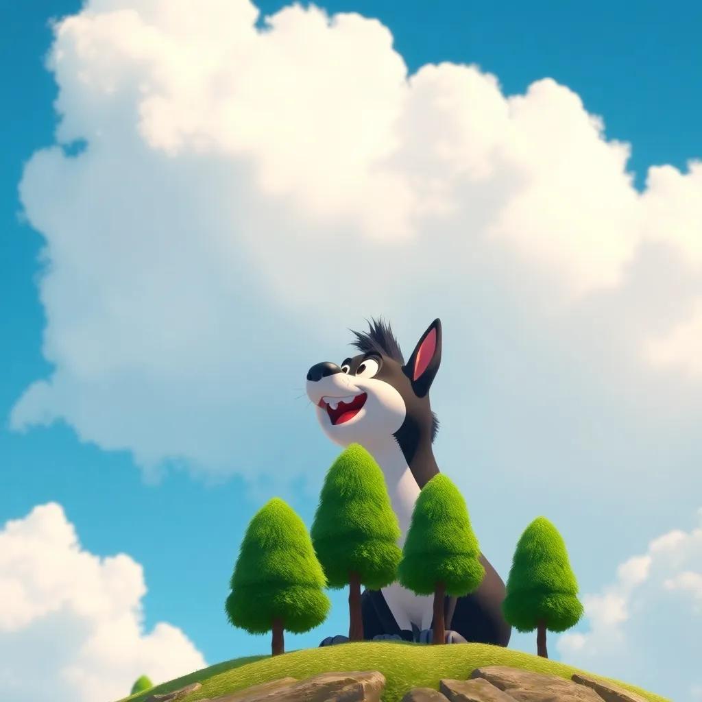 Toto looking down at the small trees from above, feeling proud and excited, with fluffy clouds and blue sky around, colorful, triumphant moment, digital art
