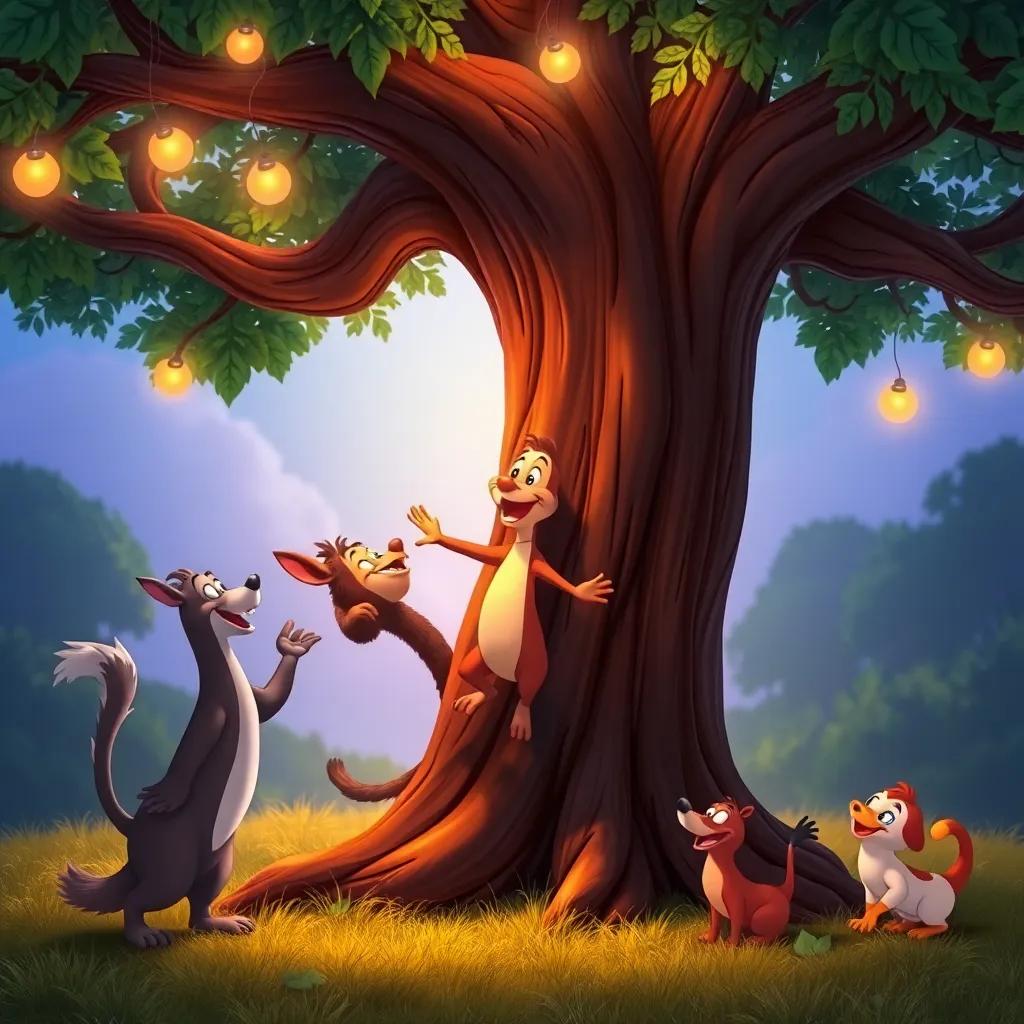 Toto returning to his tree, joyfully sharing the news of his flying success with his friends, celebration scene, vibrant colors, welcoming atmosphere