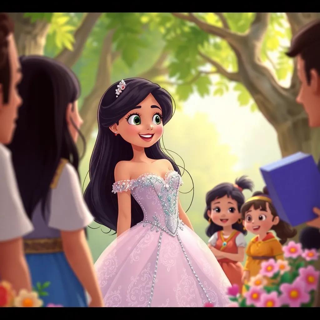 Leila, a beautiful princess with long black hair in a sparkling dress, talking to villagers, excited expressions, surrounded by trees and colorful flowers, illustration, friendly, adventure-themed, child-friendly