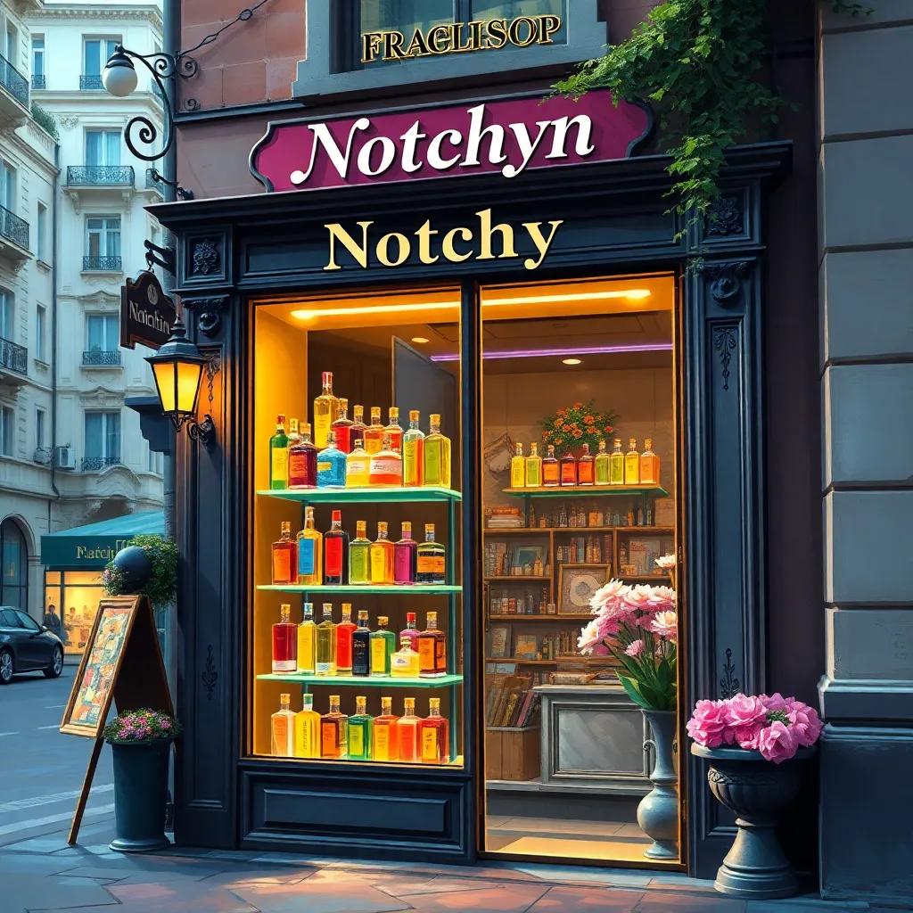 A small fragrant perfume shop named "Notchyn" in a quiet city street, with bright colorful bottles on shelves and flowers in the window, cheerful atmosphere, digital art, warm light, inviting colors, close perspective, high quality, vibrant scene