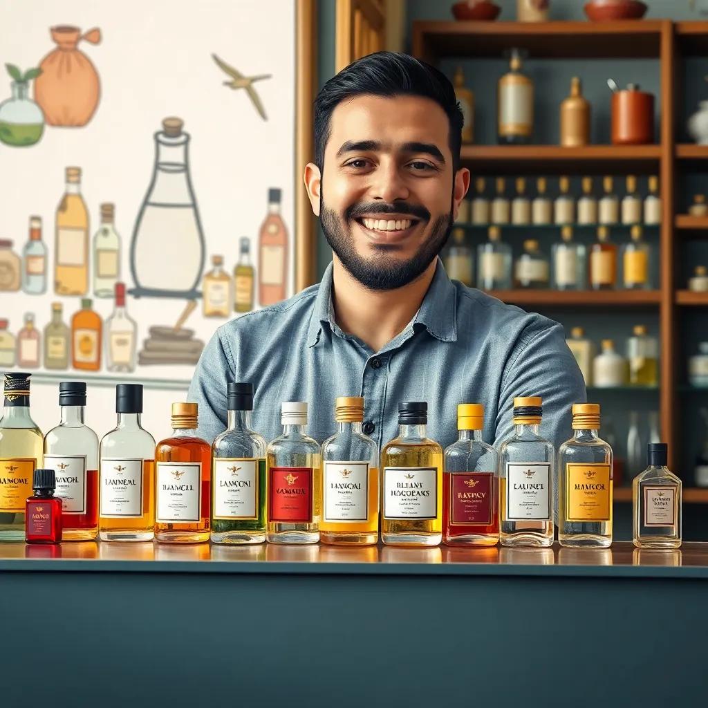 Sami, a Middle-Eastern man in his 30s with short black hair and a friendly smile, standing behind the counter with bottles of unique perfumes, bright and lively atmosphere, illustration, welcoming demeanor, artistic vibe, child-friendly