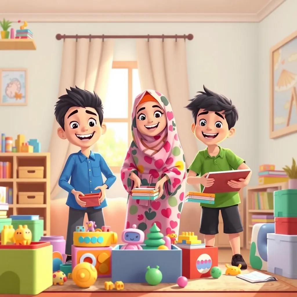 Three friends, Ali in a blue shirt, Noora in a colorful abaya, and Mazen in a green shirt, joyfully organizing their room full of toys and books, smiling faces, bright light filtering through a window, cheerful friendly atmosphere, illustration, fine details, child-friendly